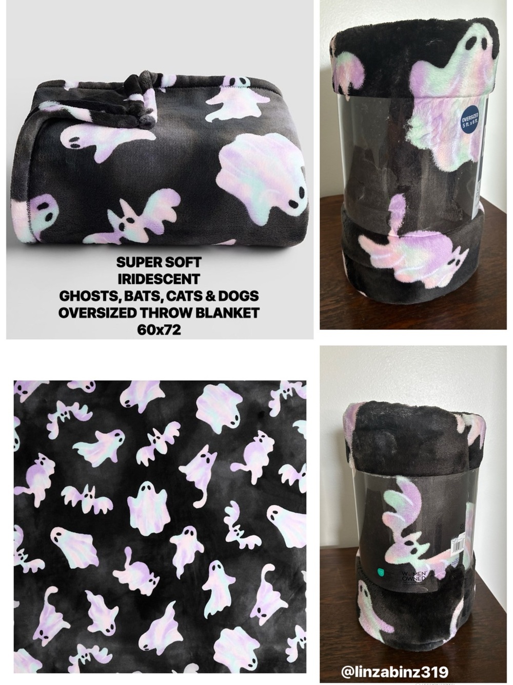 NWT-Black w/ Iridescent Ghosts, Bats, Cats & Dogs- Oversized Throw Blanket 60x72